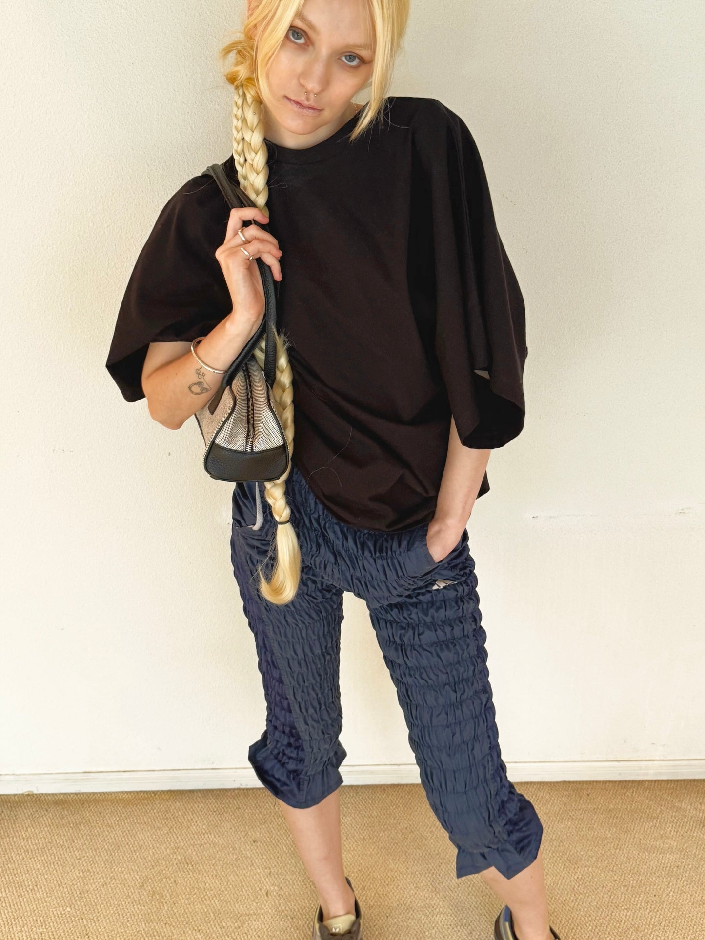Gather jersey pants navy blue