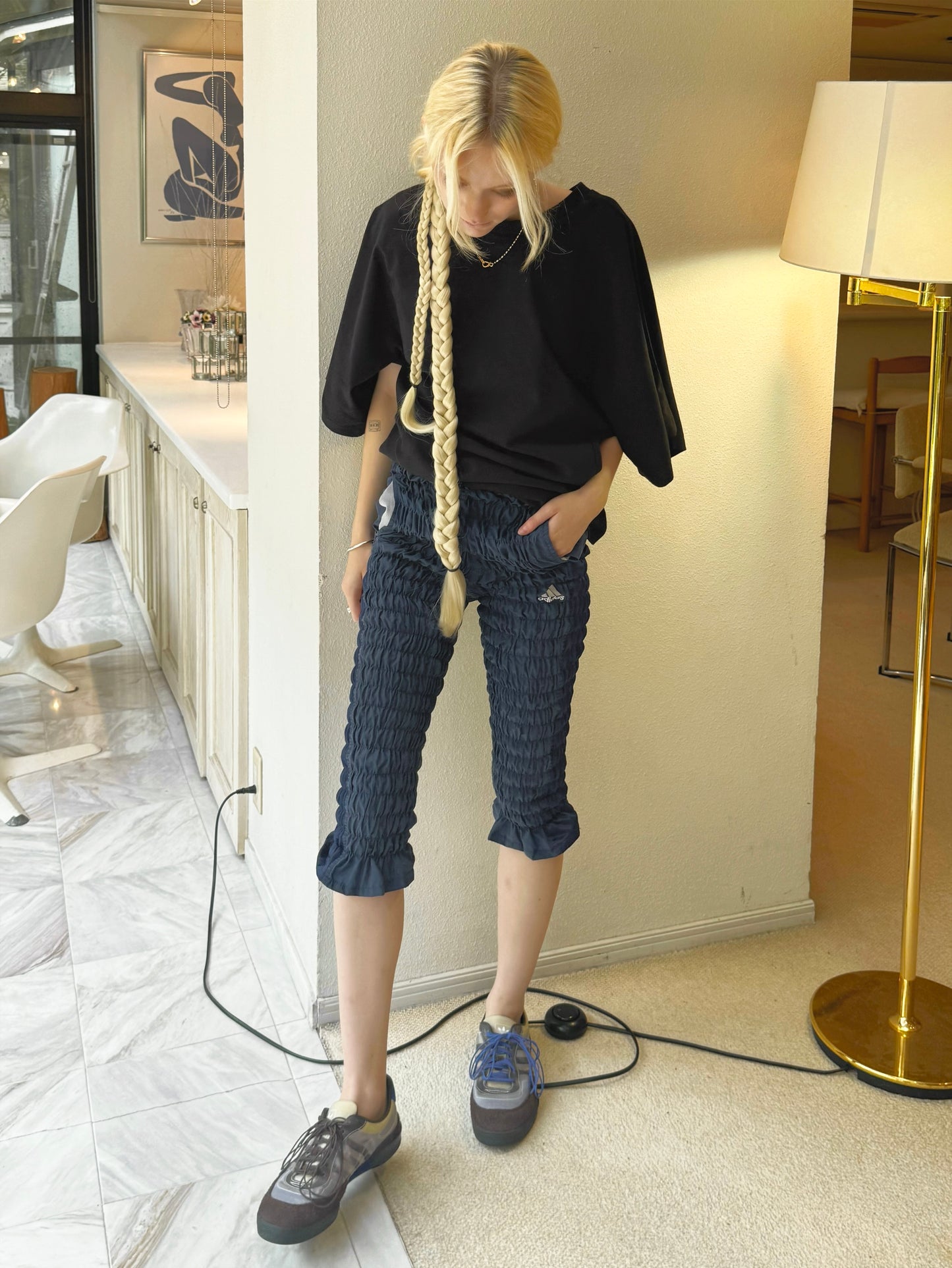 Gather jersey pants navy blue