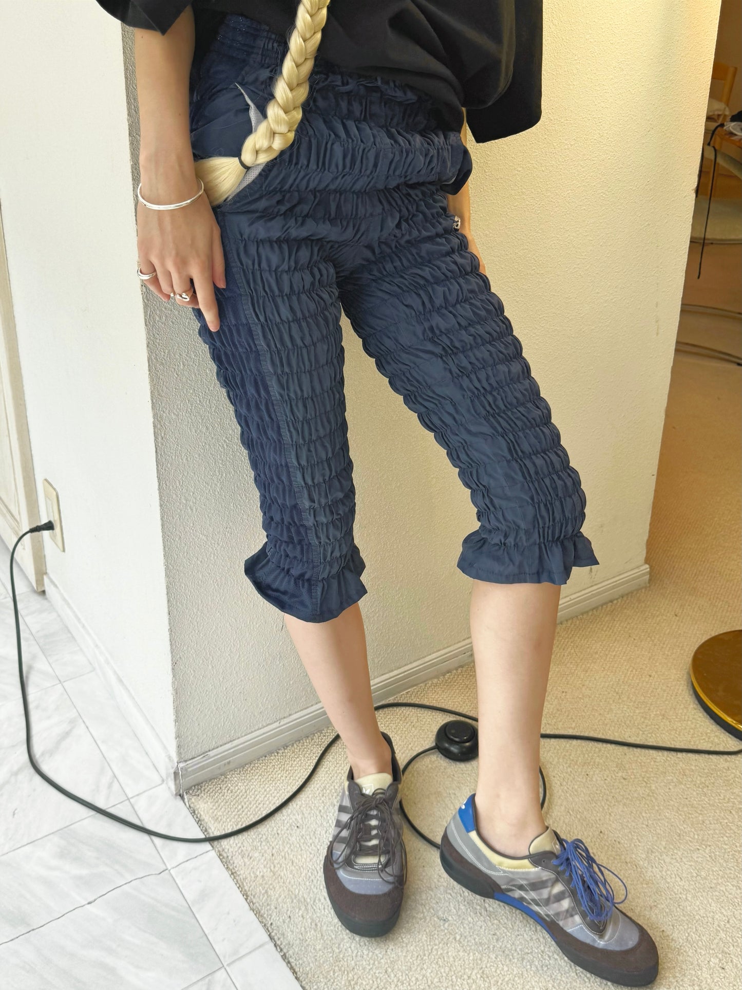 Gather jersey pants navy blue